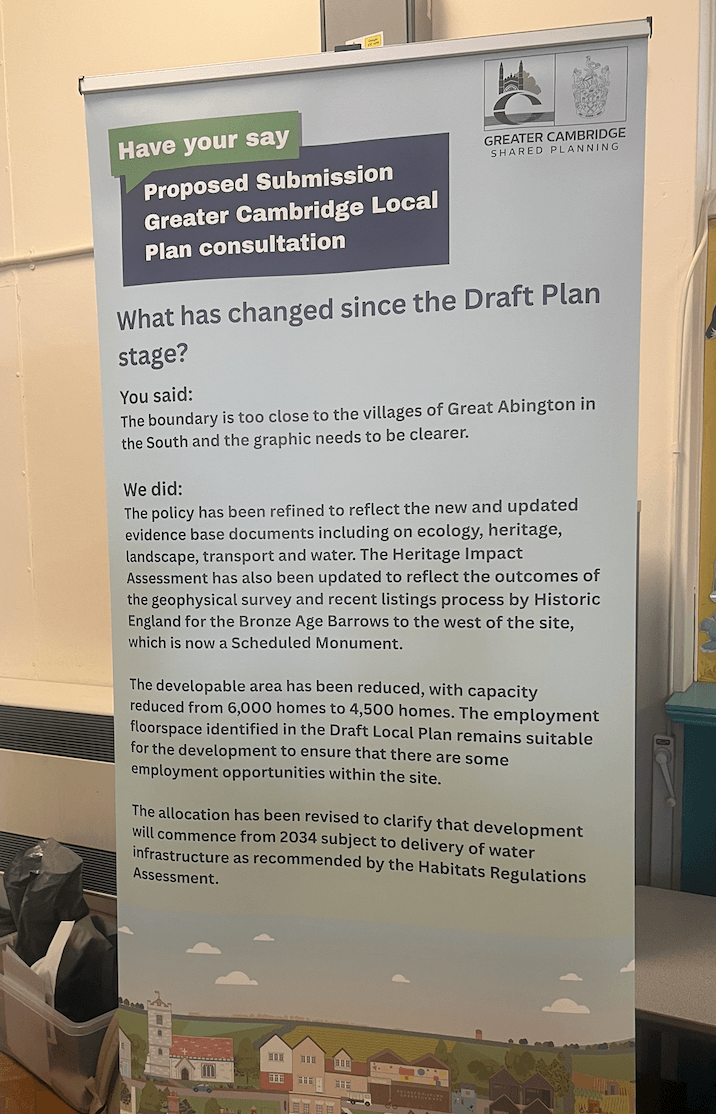 GCSP exhibition banner at Abington Primary School explaining what has changed since the Draft Plan stage